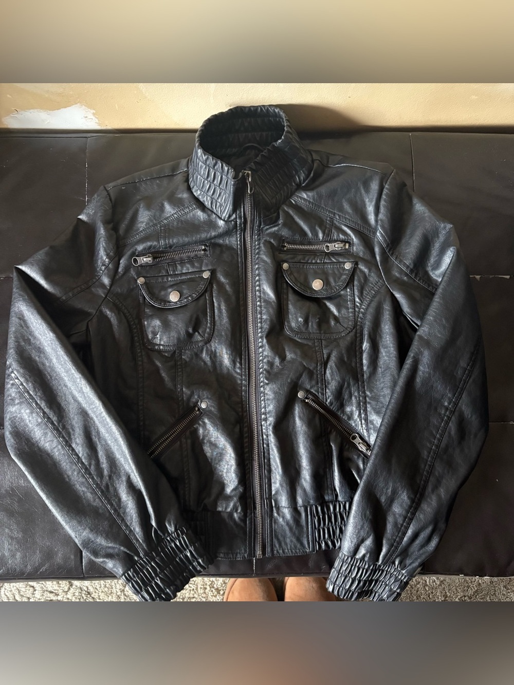 Womens's Black Faux Leather Zip Moto Jacket